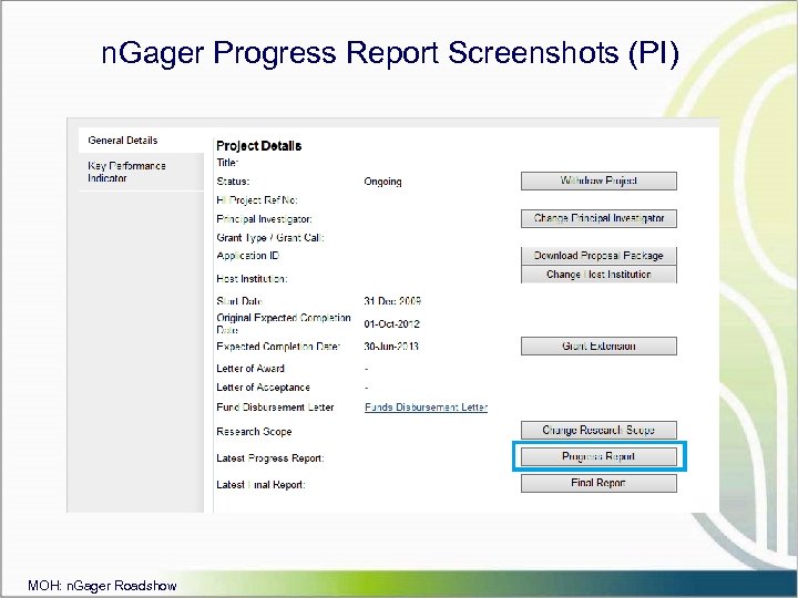 n. Gager Progress Report Screenshots (PI) MOH: n. Gager Roadshow 