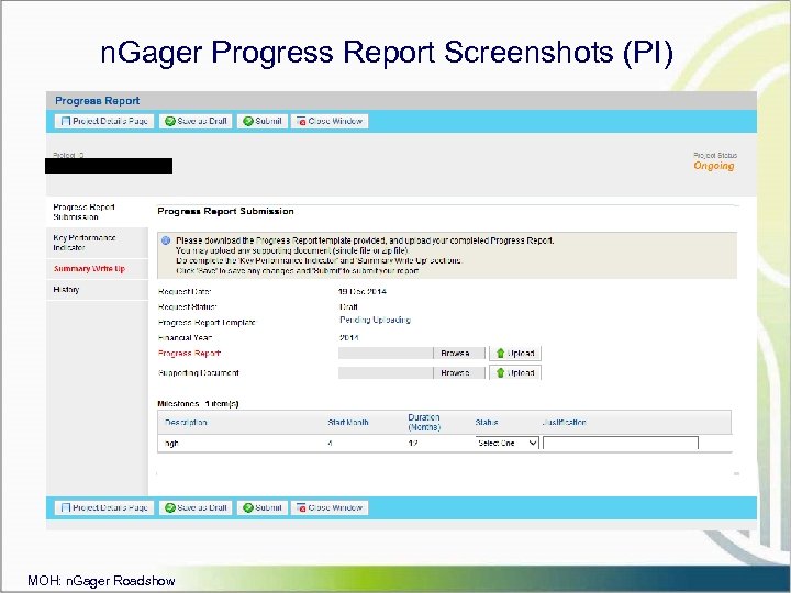 n. Gager Progress Report Screenshots (PI) MOH: n. Gager Roadshow 