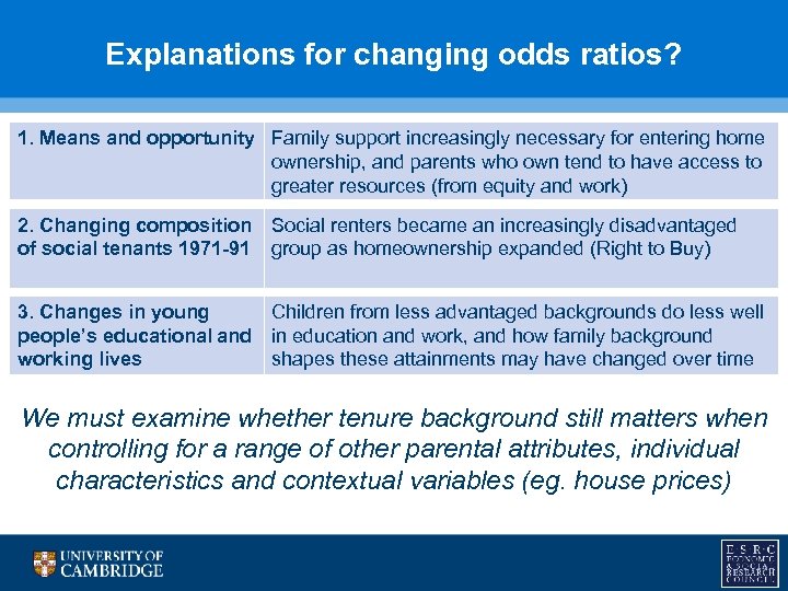 Explanations for changing odds ratios? 1. Means and opportunity Family support increasingly necessary for