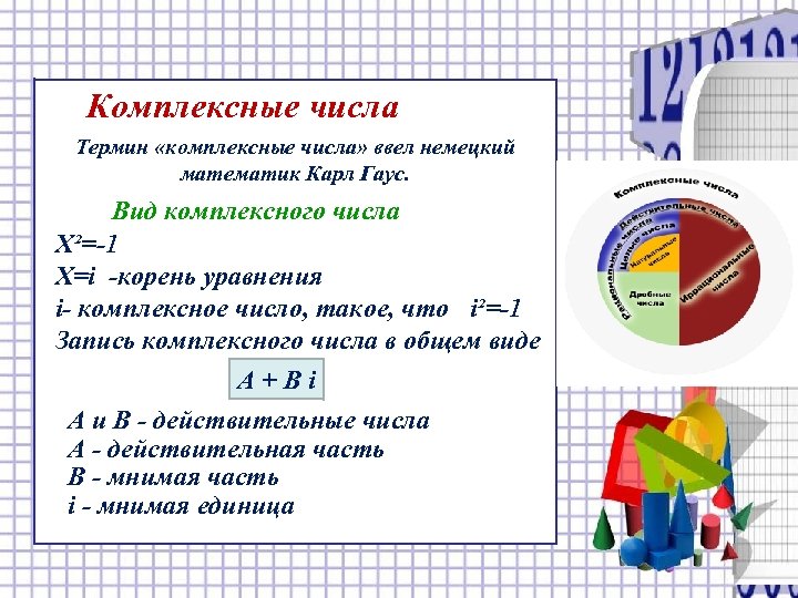 Комплексные числа Термин «комплексные числа» ввел немецкий математик Карл Гаус. Вид комплексного числа Х²=-1