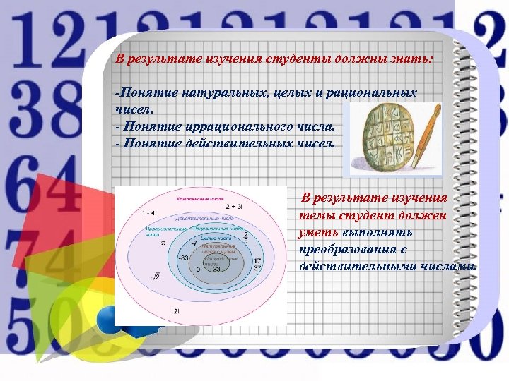 В результате изучения студенты должны знать: -Понятие натуральных, целых и рациональных чисел. - Понятие