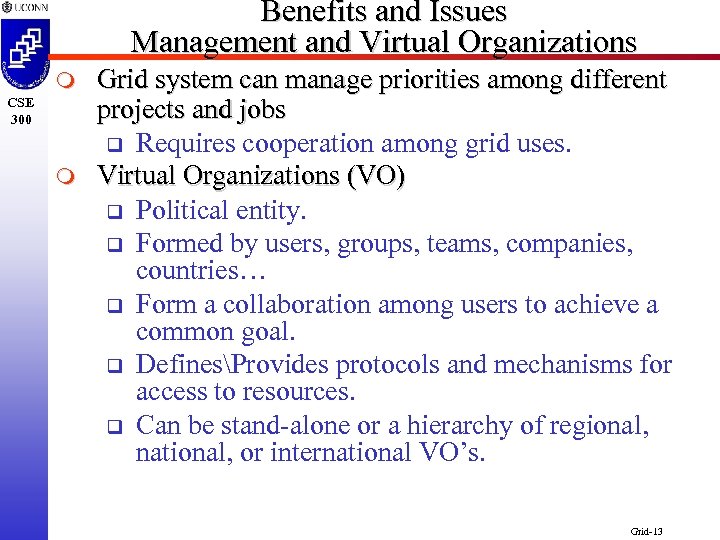 Benefits and Issues Management and Virtual Organizations m CSE 300 m Grid system can