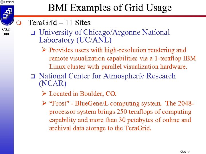 BMI Examples of Grid Usage m CSE 300 Tera. Grid – 11 Sites q