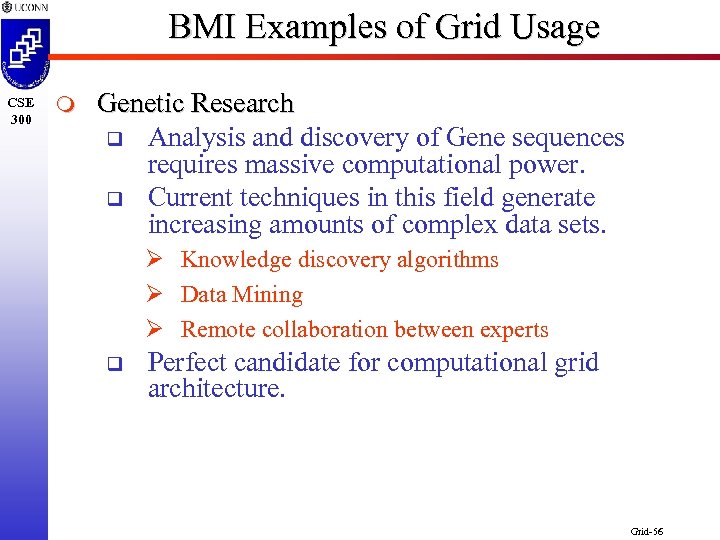 BMI Examples of Grid Usage CSE 300 m Genetic Research q Analysis and discovery