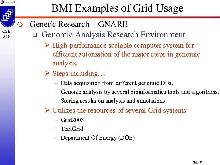 BMI Examples of Grid Usage m CSE 300 Genetic Research – GNARE q Genomic