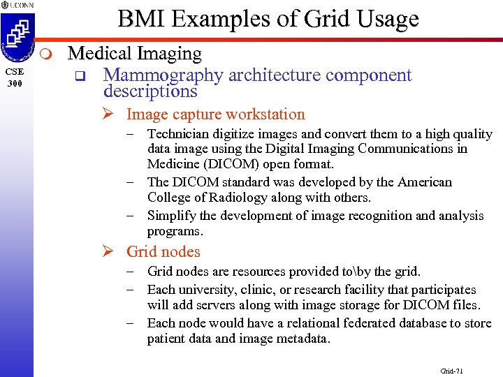BMI Examples of Grid Usage m CSE 300 Medical Imaging q Mammography architecture component