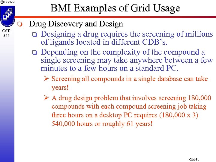 BMI Examples of Grid Usage m CSE 300 Drug Discovery and Design q Designing