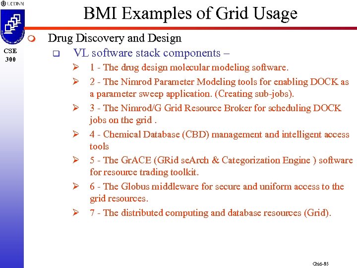 BMI Examples of Grid Usage m CSE 300 Drug Discovery and Design q VL