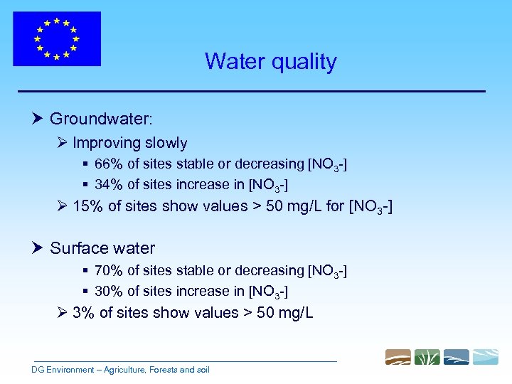 Water quality Groundwater: Ø Improving slowly § 66% of sites stable or decreasing [NO