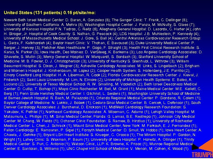United States (131 patients) 0. 16 pt/site/mo: Newark Beth Israel Medical Center: D. Baran,