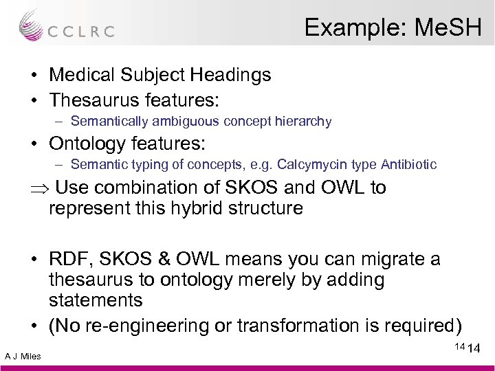 Example: Me. SH • Medical Subject Headings • Thesaurus features: – Semantically ambiguous concept