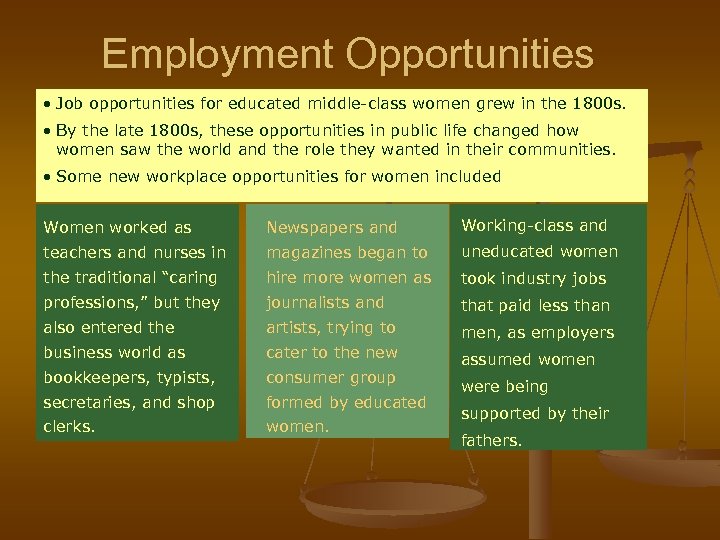 Employment Opportunities • Job opportunities for educated middle-class women grew in the 1800 s.