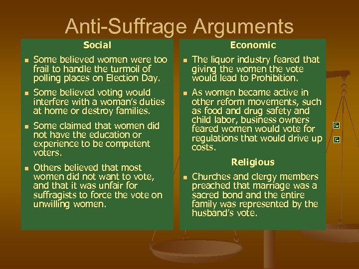 Anti-Suffrage Arguments Social n n Some believed women were too frail to handle the