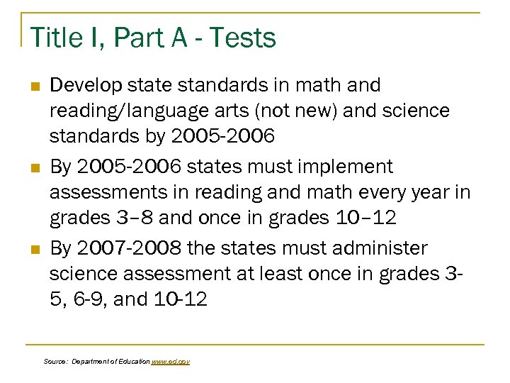 Title I, Part A - Tests n n n Develop state standards in math