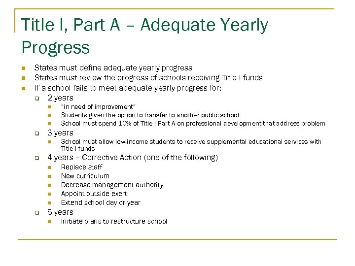 Title I, Part A – Adequate Yearly Progress n n n States must define