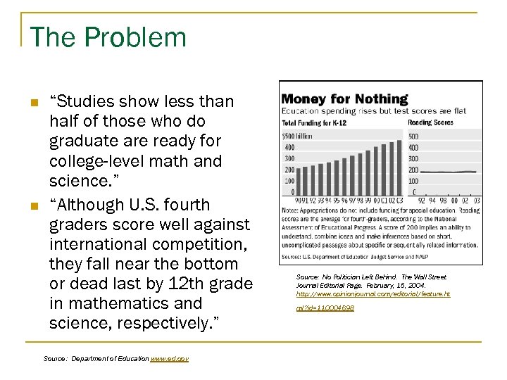 The Problem n n “Studies show less than half of those who do graduate