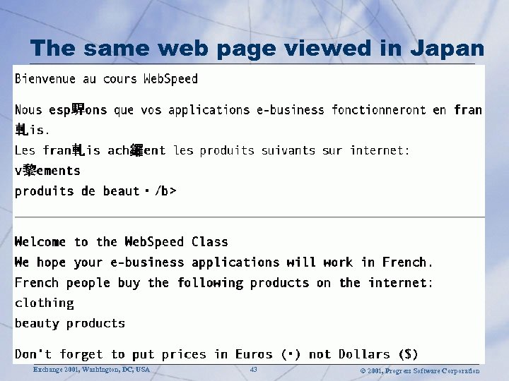 The same web page viewed in Japan Exchange 2001, Washington, DC, USA 43 ©