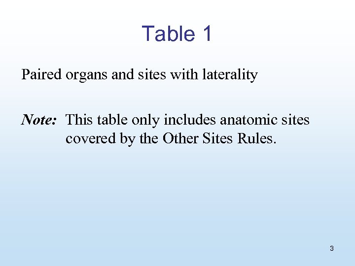 Table 1 Paired organs and sites with laterality Note: This table only includes anatomic