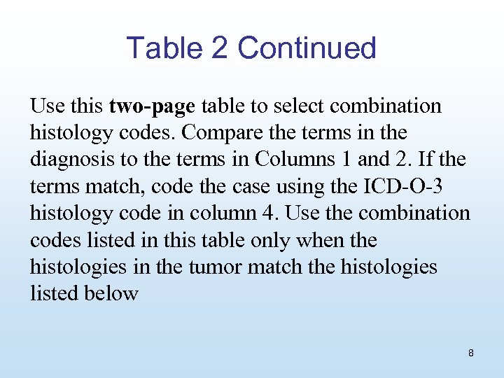 Table 2 Continued Use this two-page table to select combination histology codes. Compare the