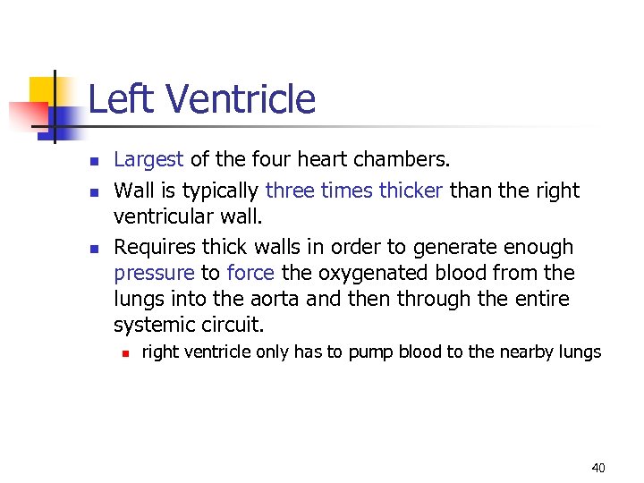 Left Ventricle n n n Largest of the four heart chambers. Wall is typically