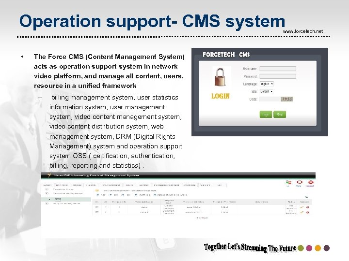 Operation support- CMS system www. forcetech. net • The Force CMS (Content Management System)
