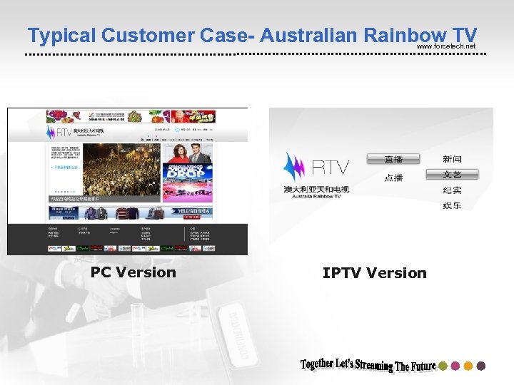  Typical Customer Case- Australian Rainbow TV www. forcetech. net PC Version IPTV Version
