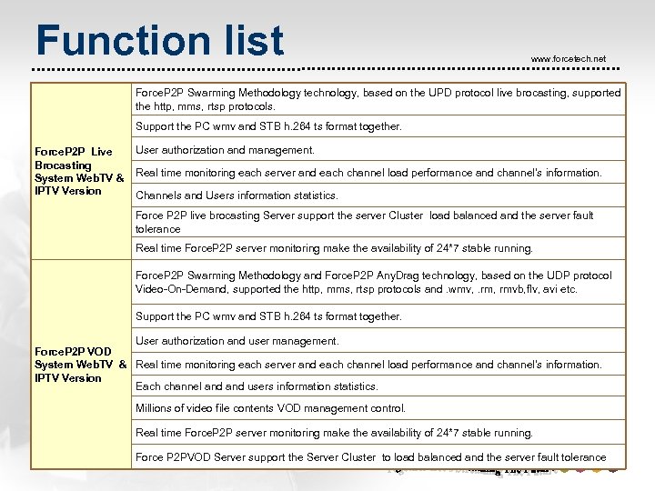 Function list www. forcetech. net Force. P 2 P Swarming Methodology technology, based on