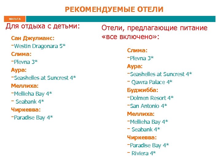 РЕКОМЕНДУЕМЫЕ ОТЕЛИ МАЛЬТА Для отдыха с детьми: Сан Джулианс: -Westin Dragonara 5* Слима: -Plevna