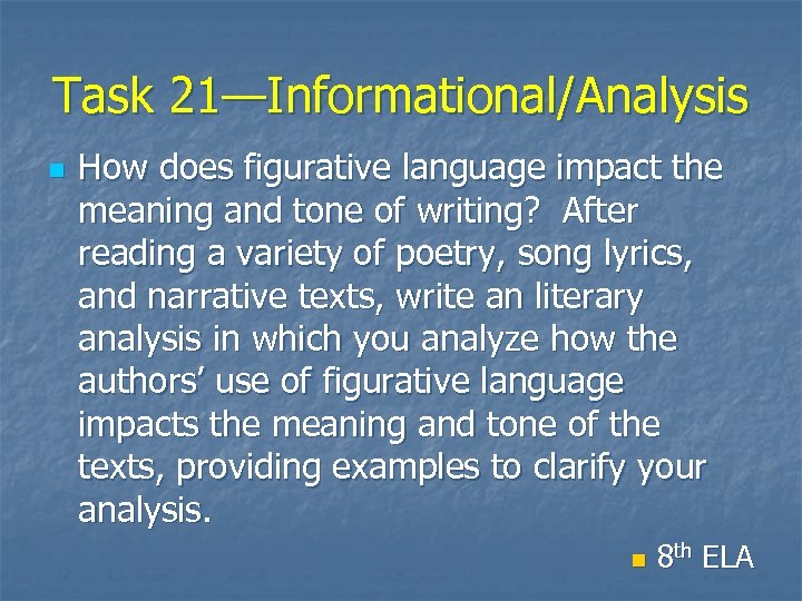 Task 21—Informational/Analysis n How does figurative language impact the meaning and tone of writing?