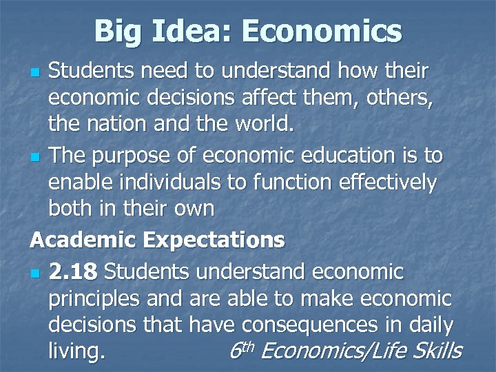 Big Idea: Economics Students need to understand how their economic decisions affect them, others,