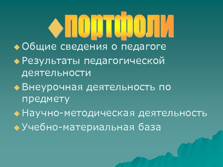 u Общие сведения о педагоге u Результаты педагогической деятельности u Внеурочная деятельность по предмету