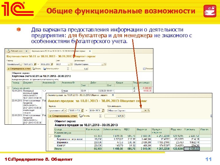 Общие функциональные возможности Два варианта предоставления информации о деятельности предприятия: для бухгалтера и для