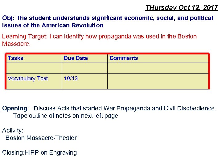  THursday Oct 12, 2017 Obj: The student understands significant economic, social, and political