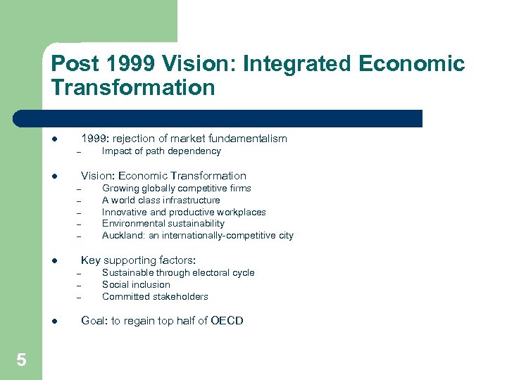 Post 1999 Vision: Integrated Economic Transformation l 1999: rejection of market fundamentalism – l