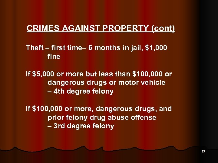 CRIMES AGAINST PROPERTY (cont) Theft – first time– 6 months in jail, $1, 000