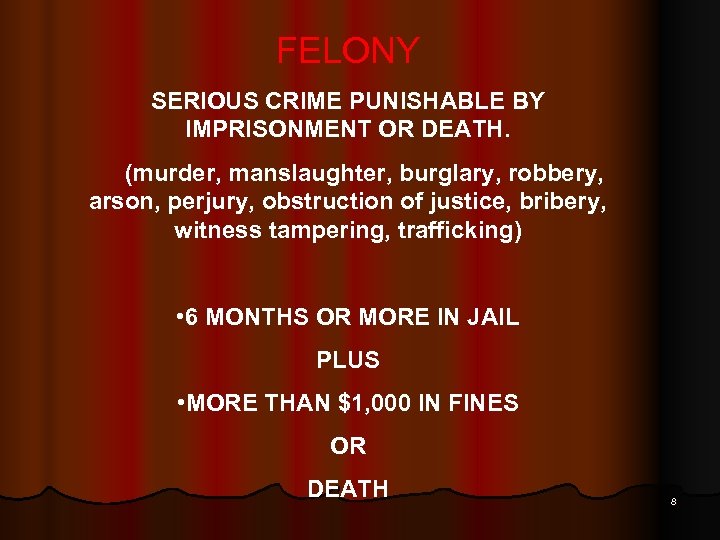 FELONY SERIOUS CRIME PUNISHABLE BY IMPRISONMENT OR DEATH. (murder, manslaughter, burglary, robbery, arson, perjury,
