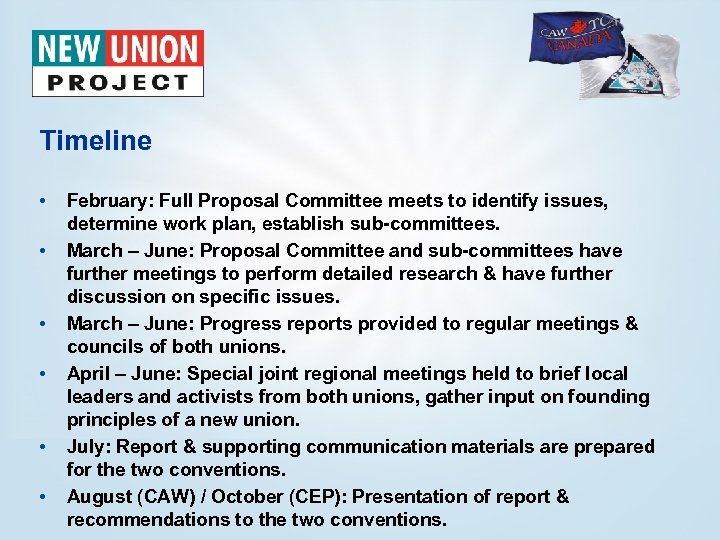 Timeline • • • February: Full Proposal Committee meets to identify issues, determine work