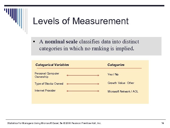 Levels of Measurement § A nominal scale classifies data into distinct categories in which