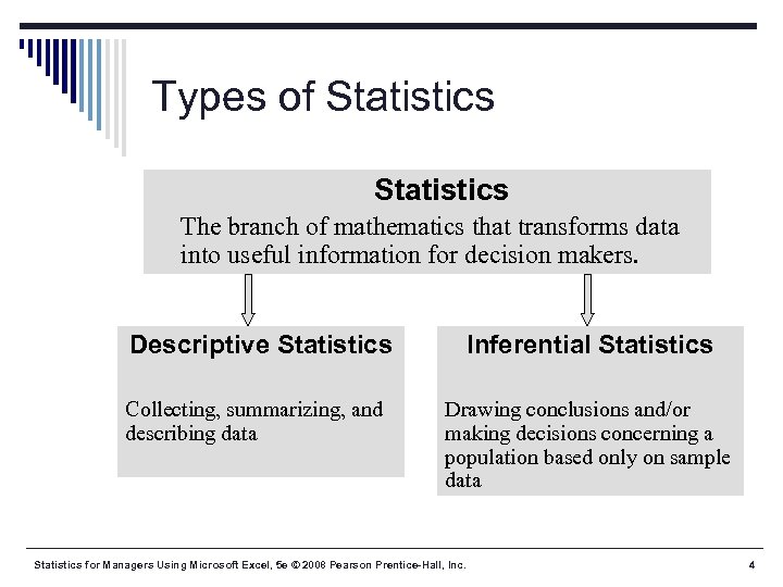Types of Statistics o The branch of mathematics that transforms data into useful information