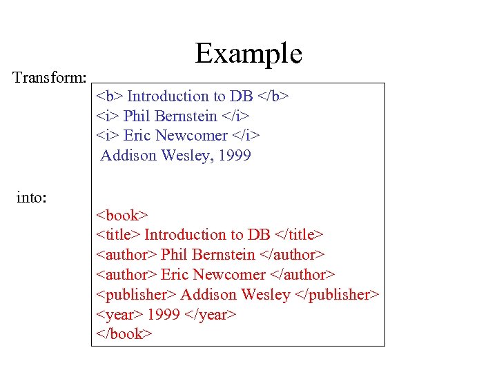 Transform: Example <b> Introduction to DB </b> <i> Phil Bernstein </i> <i> Eric Newcomer