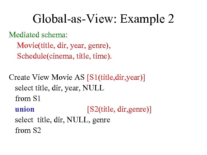 Global-as-View: Example 2 Mediated schema: Movie(title, dir, year, genre), Schedule(cinema, title, time). Create View
