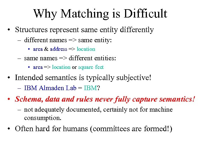 Why Matching is Difficult • Structures represent same entity differently – different names =>