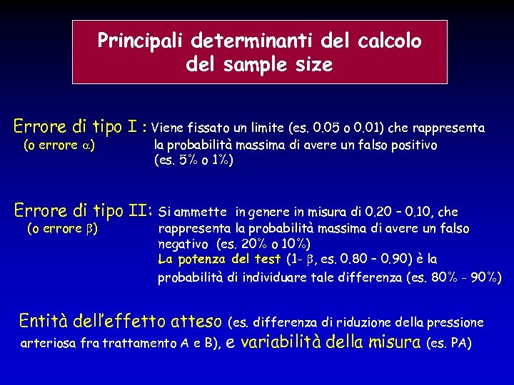 Principali determinanti del calcolo del sample size Errore di tipo I : Viene fissato