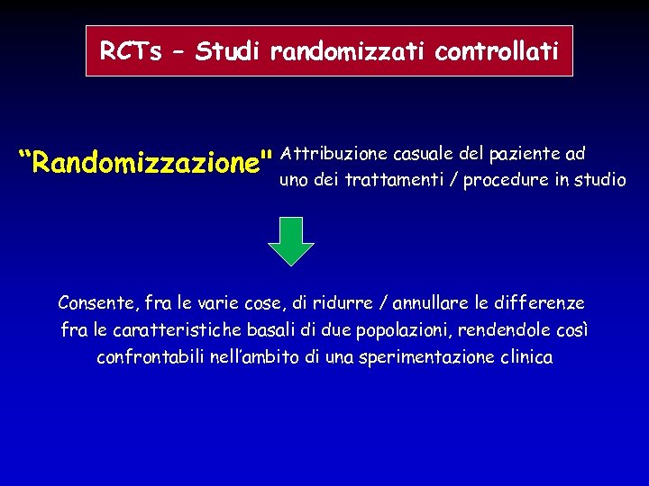 RCTs – Studi randomizzati controllati “Randomizzazione" Attribuzione casuale/del paziente ad uno dei trattamenti procedure