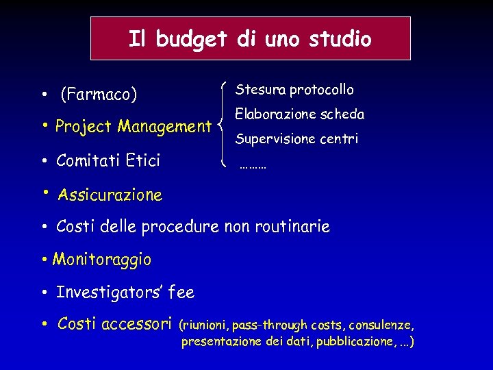 Il budget di uno studio Stesura protocollo • (Farmaco) • Project Management Elaborazione scheda