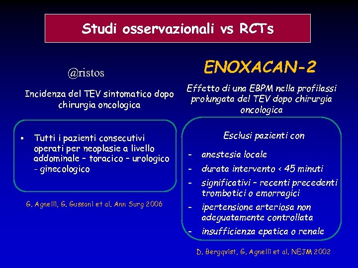 Studi osservazionali vs RCTs ENOXACAN-2 @ristos Incidenza del TEV sintomatico dopo chirurgia oncologica •