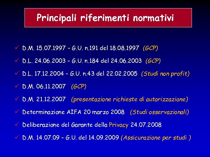 Principali riferimenti normativi D. M. 15. 07. 1997 – G. U. n. 191 del