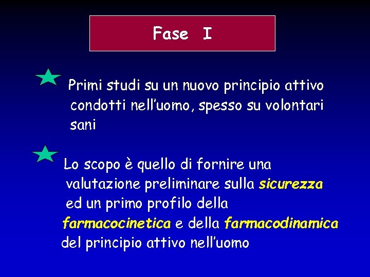 Fase I Primi studi su un nuovo principio attivo condotti nell’uomo, spesso su volontari