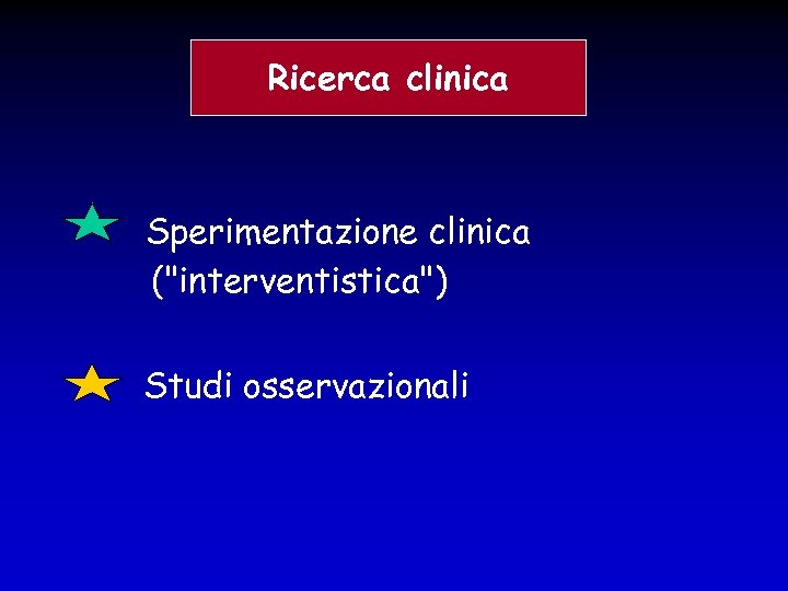 Ricerca clinica Sperimentazione clinica ("interventistica") Studi osservazionali 