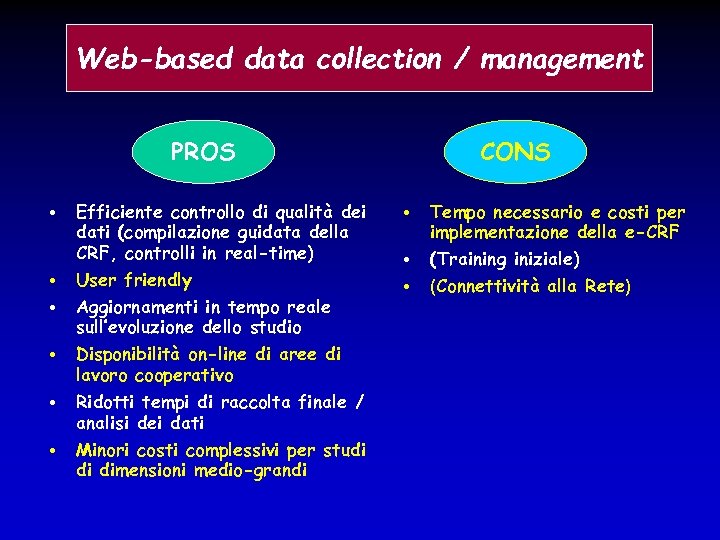 Web-based data collection / management PROS • • • Efficiente controllo di qualità dei